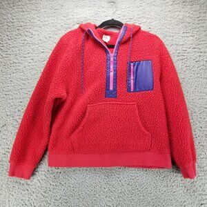J. Crew Jacket Womens Medium Red 1/4 Zip Pocket Teddy Bear Fleece Hoodie